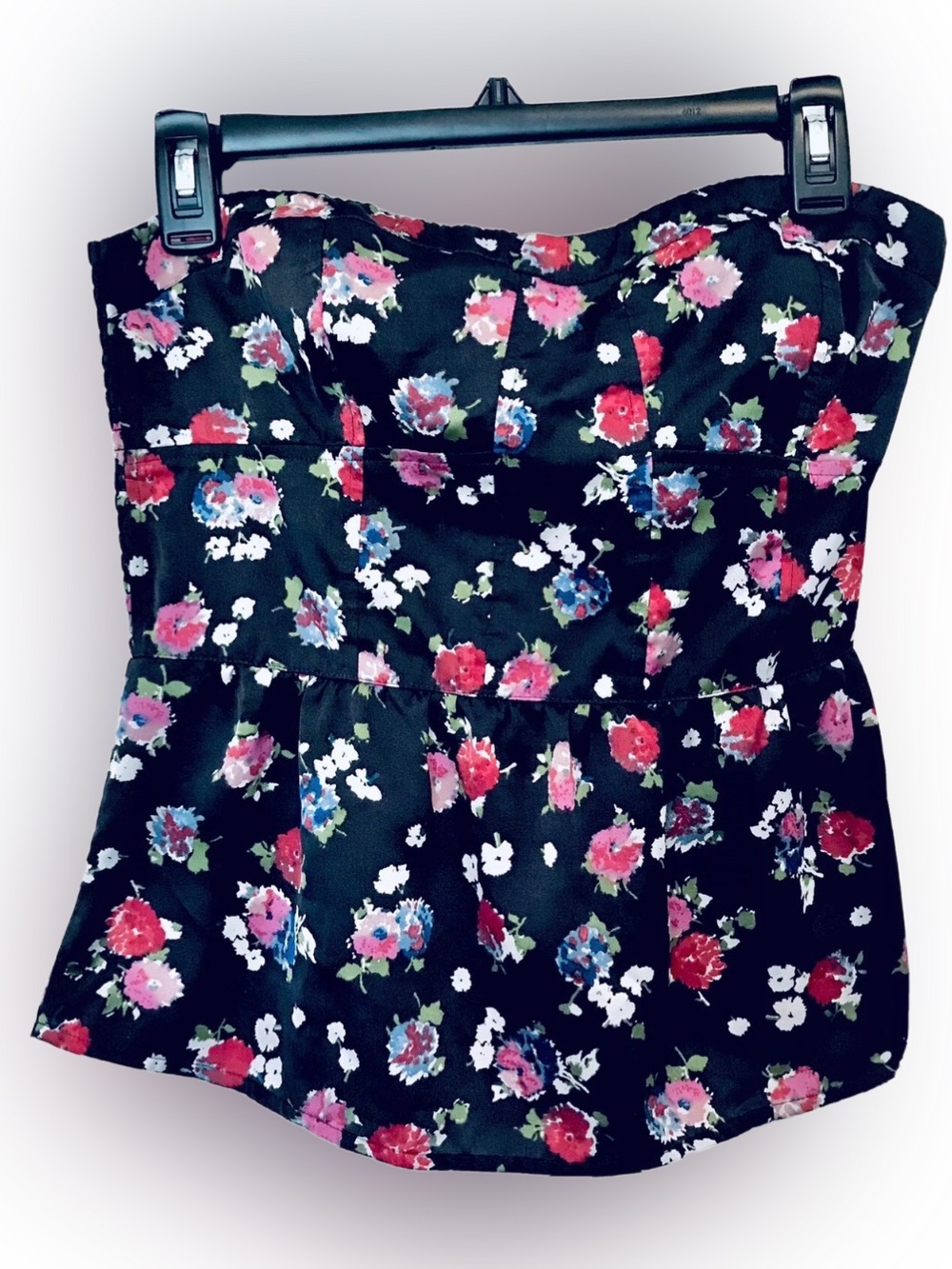 American Eagle Outfitters Womens M Black Floral Bandeau Peplum Smocked Zip Top